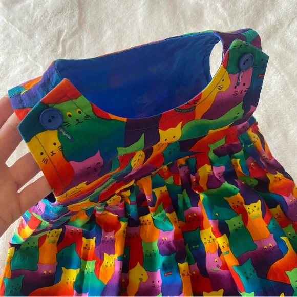 Vintage 90s handmade 100% cotton colorful rainbow cat print girl’s dress jumper - Picture 6 of 15